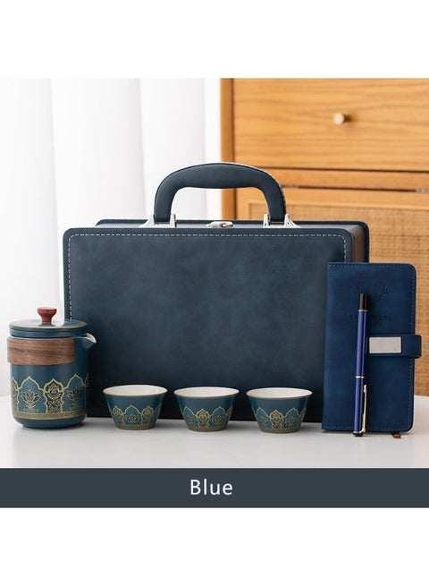 طقم شاي فاخر محمول داخل حقيبة جلد – إبريق و3 فناجين سيراميك + دفتر وقلم – هدية مثالية للعمل والسفر